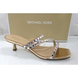 Michael Kors Celia Kitten Heel Slide Embellished Sandals Pale Gold Size 9.5